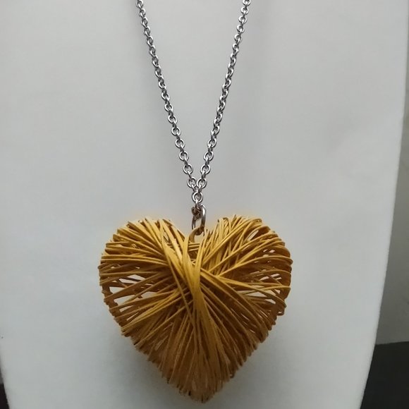 Yellow Enamel Paint Coated Wire Puff Heart Pendant and 32 - 34" Chain - Picture 1 of 5